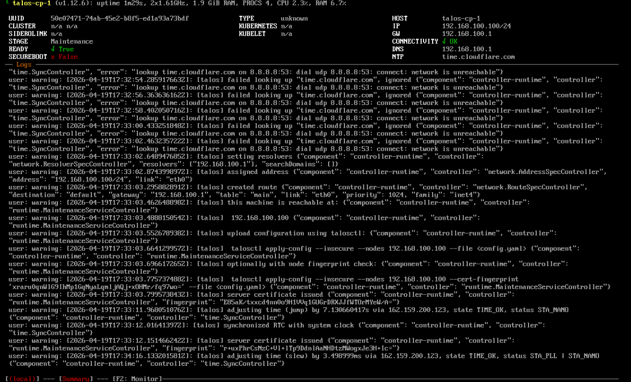 Talos dashboard on an unconfigured node: TYPE unknown, STAGE maintenance, CLUSTER n/a