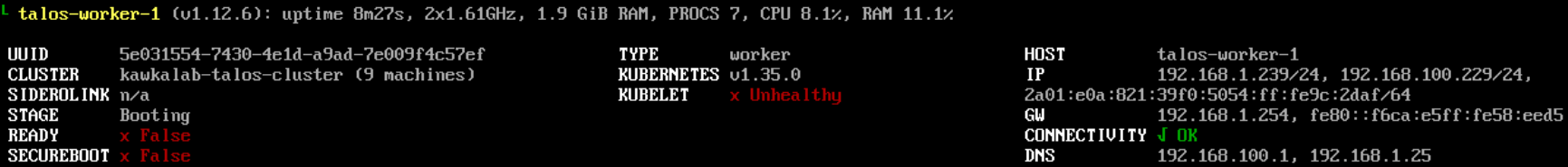 Talos worker dashboard during boot: STAGE booting, Kubernetes components not yet healthy