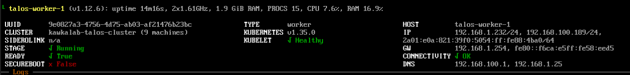 Talos dashboard: healthy worker node with kubelet and container runtime ready